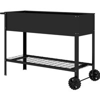 Outsunny Metall-Pflanzschale mit Ständer und Regal 104L x 39B x 80H cm 2 Räder + Bewässerungseinsatz Schwarz Aosom – Ansicht 1