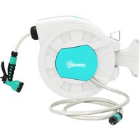 Outsunny Schlauchaufroller, Wasserschlauch-Aufwickler, 25+2 m, mit Wandhalterung + Griff, 180° schwenkbar, 7 Bewässerungsdüsen, Hellgrau Aosom – Ansicht 1