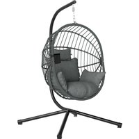 Outsunny Hängesessel Hängeschaukel mit Kissen und Becherhalter, klappbarer Sitzkorb in Rattanoptik bis 120 kg belastbar aus Stahl Grau Aosom.de – Ansicht 1
