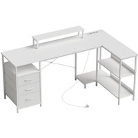 HOMCOM L-Eckschreibtisch mit Steckdosen, 170x100 cm, mit Stoffschubladen, Monitorständer & Ablagen, PC-Tisch für Büro und Homeoffice, Weiß Aosom – Ansicht 1