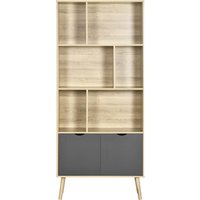 HOMCOM Bücherregal Regal Aufbewahrungsregal modernes Design mit 2 Türen und 6 Regalen - Maße 80L x 35B x 180H cm natürliche Holzoptik und Dunkelgrau Aosom – Ansicht 1