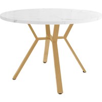 Moderner runder Esstisch für 4 Personen, mit x-förmiger Metallhalterung, 100x100x75 cm, Weiß+Gold – Ansicht 1