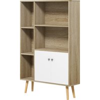 HOMCOM Skandinavisches Bücherregal Aufbewahrungsmöbel dim. 80L x 23,5B x 123H cm 5 Nischen Schrank 2 Türen geneigte, massive Pinienholzfüße Eiche Aosom – Ansicht 1