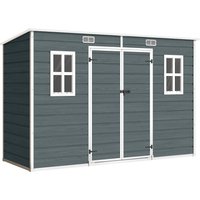 Outsunny Gerätehaus 3,2m², Geräteschuppen mit Pultdach, 303x123x197cm, Kunststoff Gartenschuppen mit Fenster Doppeltür Schloss Belüftungsöffnung Boden Holzoptik – Ansicht 1