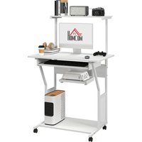 HOMCOM Computertisch, Rollender Schreibtisch mit Aufbewahrungsregalen, Arbeitsplatz und Tastaturablage, Computertisch auf Rollen, 80 x 50 x 130 cm, Weiß Aosom – Ansicht 1