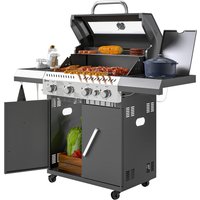 Outsunny Gasgrill 12 KW Grillwagen inkl 5 Brenner Seitenkocher Rolle Druckminderer Deckel Gasschlauch 2 Heizzonen Thermometer Seitenablagen, BBQ Gartengrill für – Ansicht 1