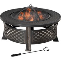 Outsunny Feuerschale Schürhaken Funkenschutz Feuerkorb Feuertisch rund Feuerstelle Garten Camping BBQ Stahl Schwarz 81x81x50cm Aosom – Ansicht 1