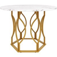 Runder Esstisch für 4 Personen, Küchentisch mit MDF Tischplatte und Metall Tischbeine, 100x100x76 cm, Weiß+Gold – Ansicht 1