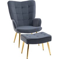 HOMCOM Sessel mit Fußhocker, gesteppter Wohnzimmerstuhl mit hoher Rückenlehne, goldfarbene Stahlbeine und Samtbezug, für Wohnzimmer, Schlafzimmer, dunkelgrau Ao – Ansicht 1