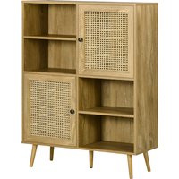 HOMCOM Buffet Aufbewahrungsschrank hoher Stand aus Holz und Rattan mit 2 Türen 4 Fächern - Maße 90L x 32,5B x 120H cm Aosom – Ansicht 1