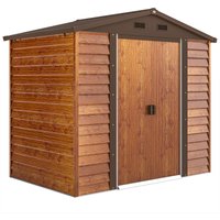 Outsunny Gerätehaus Metall im Holzoptik 3 m² 152 x 235,7 x 208,7 cm Geräteschuppen mit Satteldach Fenster Doppel Schiebetüren wetterfest Gartenhaus Outdoor Gart – Ansicht 1