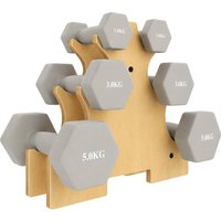 SPORTNOW Hanteln Set 3 Paar 1kg 3kg 5kg Kurzhanteln mit Holzständer, rutschfestem Griff, Gusseisen Hexagon Hantelset Kurzhantel Set für Krafttraining Fitnessstu – Ansicht 1