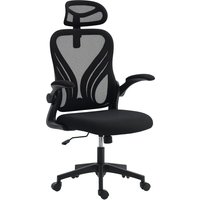 HOMCOM Ergonomischer Bürostuhl mit klappbaren Armlehnen und klappbarer Rückenlehne, Schreibtischstuhl mit Wippfunktion, verstellbare Kopfstütze, drehbar, Schwar – Ansicht 1