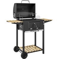 Outsunny Holzkohlegrill aus Edelstahl fahrbar Grillwagen mit Deckel Thermometer Grillrost Räder Griff verstellbar Kohlewanne, Kohlegrillwagen mit Holzablage BBQ – Ansicht 1