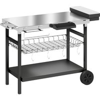 Outsunny Servierwagen für Garten mit 3 Ebenen, Edelstahl-Arbeitsfläche, abnehmbarem Korb, offenen Regalen, Gewürzbox, 2 Rädern, 4 Haken, seitlichem Griff, Grill – Ansicht 1