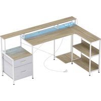 HOMCOM Eckschreibtisch mit Steckdosen und RGB-LED, Computertisch 172x100 cm, Monitorhalter, 2 Stoffschubladen, Druckerablage, Schreibtisch für Schlafzimmer oder – Ansicht 1