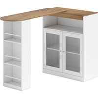 HOMCOM Ausziehbarer und 360° drehbarer Bartisch, hoher Küchentisch mit offenen Regalen und 2 Glastüren für Esszimmer, 150x80x105,5 cm, Weiß und Natur Aosom – Ansicht 1