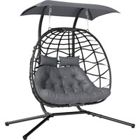 Outsunny Hängesessel mit Gestell faltbar Hängekorb mit Kissen Sonnenschutzdach Polyrattan Hängestuhl für 2 Personen Outdoor Hängeschaukel belastbar bis 260kg Se – Ansicht 1