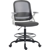 HOMCOM Mesh-Schreibtischstuhl, Zeichenstuhl mit klappbaren Armlehnen, höhenverstellbar, Lendenstütze, Fußstütze, Rollen für Büro, Studio, Grau Aosom