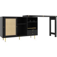 360° drehbarer ausziehbarer Design-Stehtisch mit klappbarer Tischplatte, Aufbewahrungsschrank mit Rattantür + offenes Lagerregal, 107x40x71,4 cm, Schwarz – Ansicht 1
