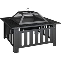 Outsunny Feuerschale 67x67x47cm aus Stahl Feuerstelle mit Funkenschutz Schürhaken Feuerschalen Feuerkorb für Garten, Balkon Terrasse, Outdoor BBQ Camping Schwar