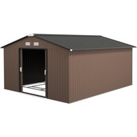 Outsunny Gerätehaus 12,4 m², Gartenhaus mit Pultdach, Schiebetür, Fundament, 340 x 386 x 200 cm, Geräteschuppen aus Verzinkter Stahl, wetterfest, für Garten, Br – Ansicht 1