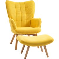 HOMCOM Relaxsessel Loungesessel Ohrensessel mit Hocker in Gelb, Armlehnstuhl mit Holzbeinen, Cord-Optik für gemütliches Sitzen Aosom.de – Ansicht 1
