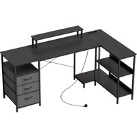 HOMCOM Schreibtisch L Form mit Steckdosen, Umkehrbar Computertisch mit Regal, Schubladen, Monitorständer, Eckschreibtisch Gaming Tisch für Büro, Schlafzimmer, 1 – Ansicht 1