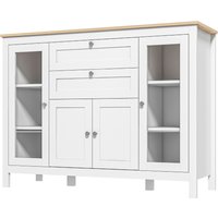 HOMCOM Buffet Esszimmer mit 2 Glastüren 120 x 40 x 90 cm Höhenverstellbare Regale 2 Schubladen 1 Schrank Naturholz und Weiß Aosom