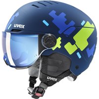 uvex Rocket Jr. Visor Kinderskihelm (51-55 cm, 80 blue puzzle matt, Scheibe: mirror blue (S2))