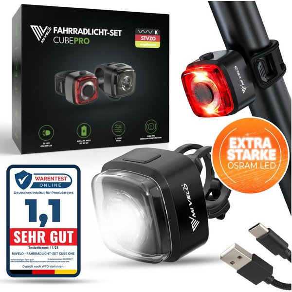 MIVELO Fahrradbeleuchtung CUBE Fahrradlicht Set LED - Akku USB aufladbar wasserdicht, OSRAM LED