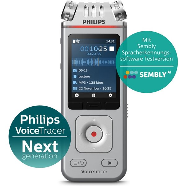 Philips DVT4115 Audiorecorder Digitales Diktiergerät (3 High-Fidelity-Mikrofone, Smartphone-App, Sembly AI Spracherkennung)