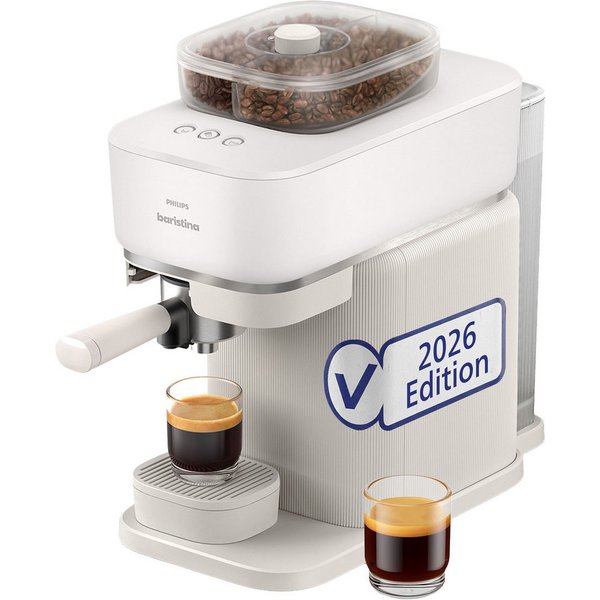 PHILIPS baristina Espressomaschine mit Bean swap BAR320/00 mit Mahlwerk für ganze Bohnen, Doppelter Bohnenbehälter, 16 bar Pumpendruck, Naturweiß