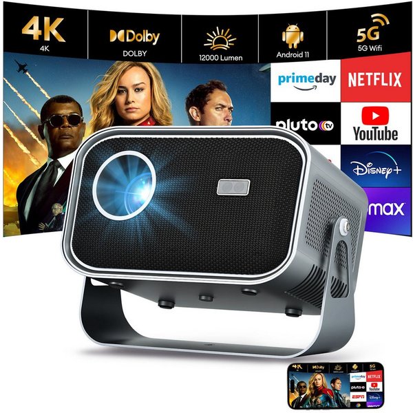 CkeyiN LCD-Beamer 4K 1080P Projektor unterstützt Netflix Youtube LCD-Beamer (12000 lm, 1280×720 px, Autofokus Beamer Augenschonender Projektor Wifi 2,4G 5G Andr