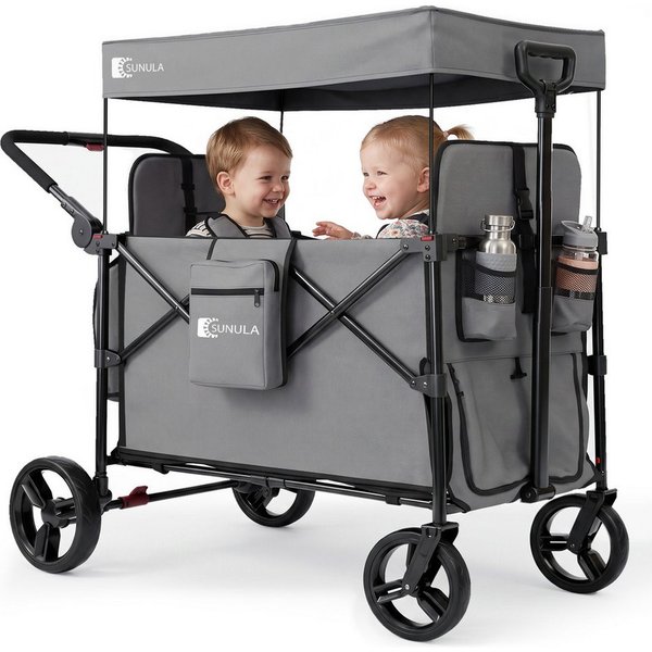 SUNULA Bollerwagen Kinder Bollerwagen für 2 Kinder mit Dach, Schiebe- und Zieh Funktion, Faltbar Kinderwagen mit XXL-Rädern (25/20 cm) und 5-Punkt-Gurtsystem