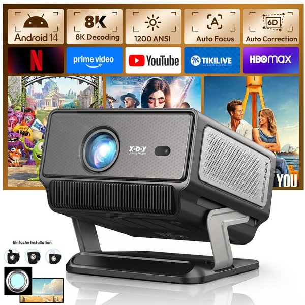 XGODY 2026 Neuer Smart Beamer 4k heimkino mit leinwand, Integrierte APP UHD-Beamer (1200 lm, 2500:1, 3840 x 2160(1200 ANSI) px, Android 14, Full HD 1080P, unter