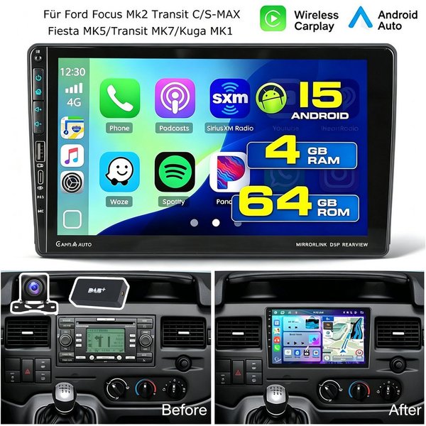 ESSGOO Android 15 Autoradio Für Ford S-Max/Fiesta/Focus Carplay Mit USB 2DIN Autoradio (Carplay Android Auto Bluetooth EQ USB GPS Navi WIFI Touchscreen)