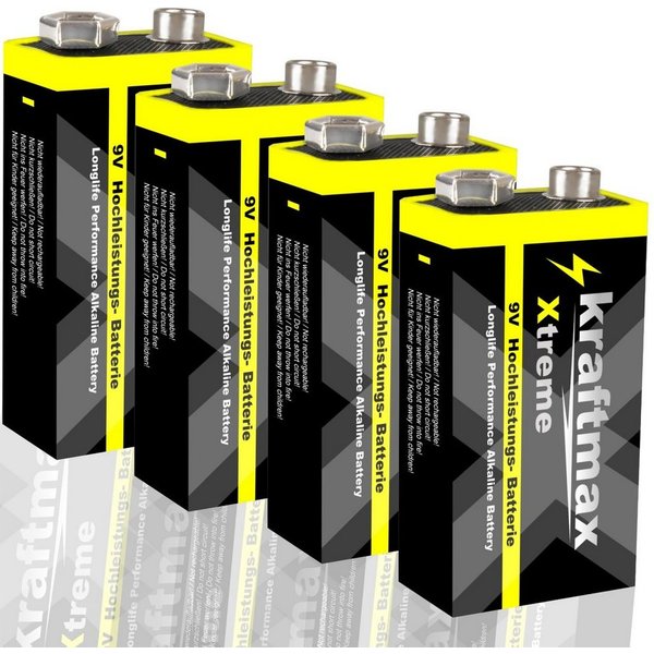 kraftmax 4er Pack Xtreme 9V Block Hochleistungs- Batterien für z.B. Rauchmelder Batterie, (1 St)