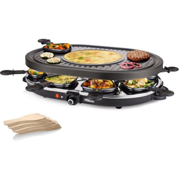 PRINCESS Raclette Princess Oval Grill und Party Raclette für bis zu 8 Personen – mit spe, 8 Raclettepfännchen, Oval Grill und Party, 8 Personen – Crêpes, BPA un