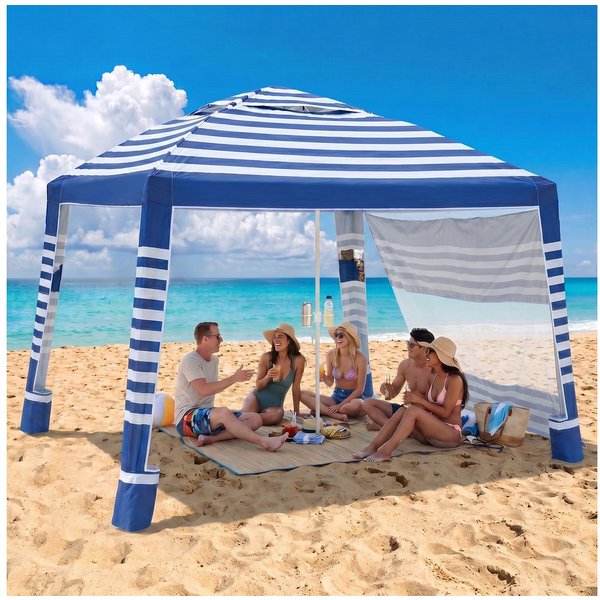 Sekey Strandmuschel 240 × 240 cm Pavillon Strandzelt Sonnensegel mit Seitenvorhang, Höhenverstellbar, mit Klappbarer Getränkehalter, UV Schutz 50+