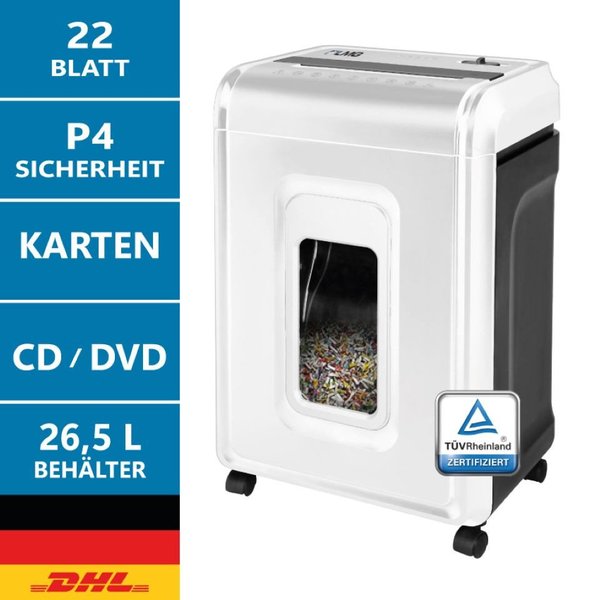 LMG Germany Aktenvernichter LMG Aktenvernichter 22 Blatt Schredder P4 Sicherheitsstufe, manuell, 22 Blatt, P-4, 4×38 mm, CD/DVD/Karten, 26,5 L Behälter, 60 Min,