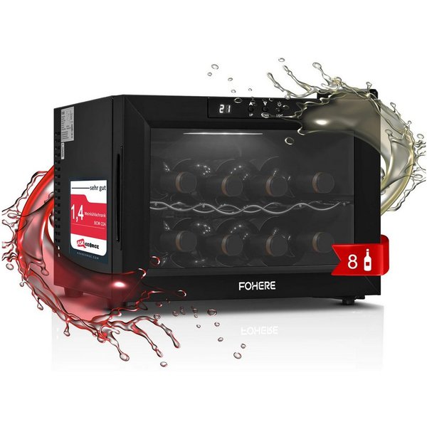 FOHERE Weinkühlschrank mit 22L Fassungsvolumen für 8 Flaschen Temperatur von 8°C bis 18°C,mit LCD und höhenverstellbare Füße