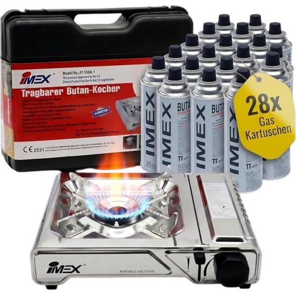 IMEX Gaskocher IMEX JY550A-1 Butan Gaskocher 2200 W mit Koffer + 28 Gaskartuschen