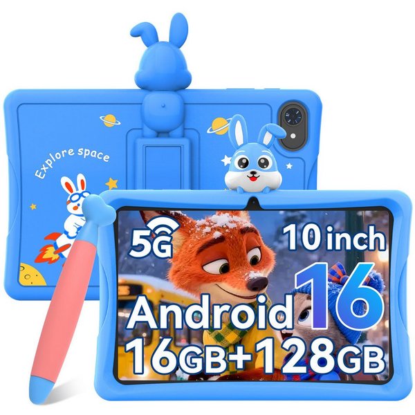 TABWEE 10" Android 16 Kindertablet 128 GB mit Stift Tablet (10", 128 GB, Android16, 5000mAh, stoßfeste Silikonhülle, Elternkontrolle, Google Kids Space)