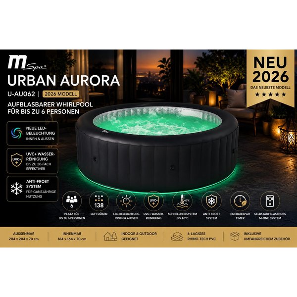 mSpa Whirlpool Whirlpool AURORA U-AU062 NEU 2026- Ø 204 cm - ganzjährig Outdoor Pool, selbstaufblasend, (inklusive LED Beleuchtung), Selbstaufblasend, UVC+,204 