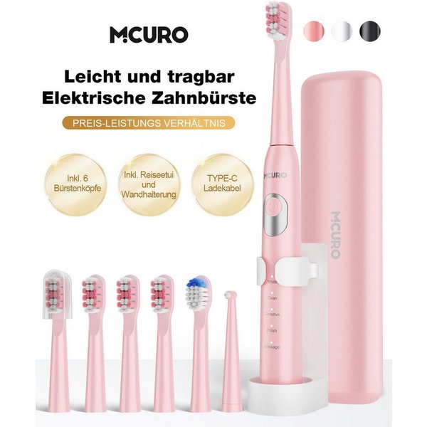MCURO Elektrische Zahnbürste Schallzahnbürste für Zahnpflege 40000 VPM, 5 Putzmodi, Aufsteckbürsten: 6 St., Reise Zahnbürsten,Timer,TYPE-C aufladbar