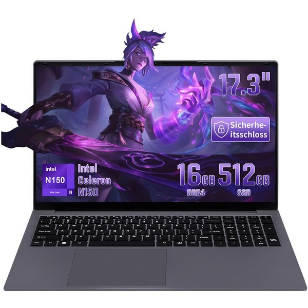 LONGEVINCE 17,3-Zoll-Laptop mit Full-HD-IPS-Display, Intel Celeron N150 Notebook (43,9 cm/17.3 Zoll, Intel Celeron N150, 16 GB, 512 GB SSD, 180° aufklappbares S