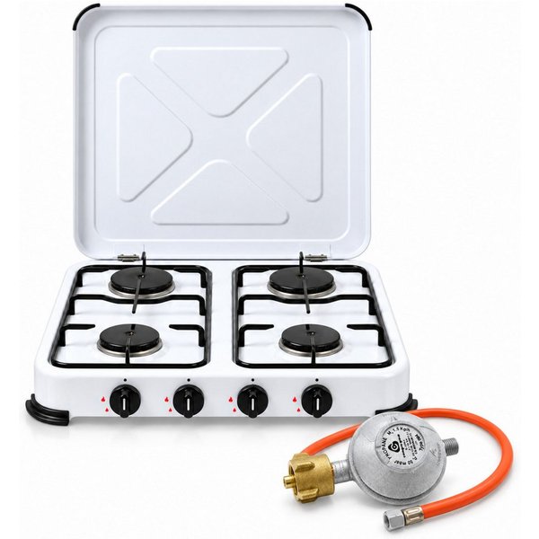BlueCraft Gaskocher 4 flammig 50mbar Propan Gas Campingkocher 5,8 kW Gas-Kochfeld Gasherd, (mit Schlauch 100 cm und Gas Regler Druckminderer), Camping Gas Koche