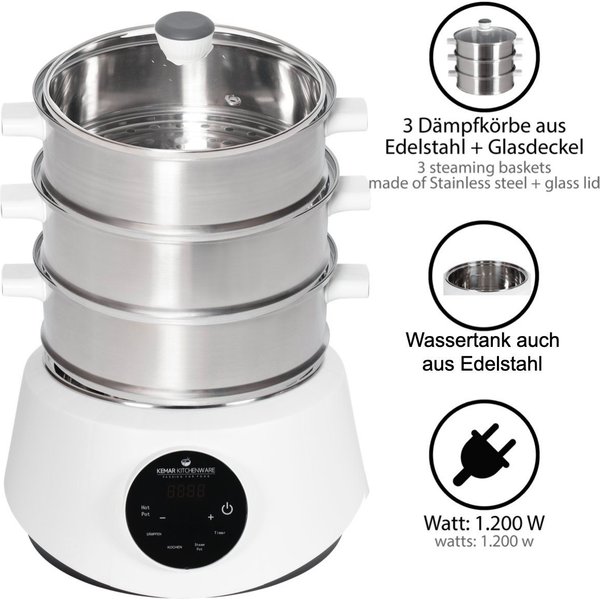 KeMar Kitchenware 4-in-1-Dampfgarer KFS-3000, 1200,00 W, Wassertank aus Edelstahl Dämpfkörbe aus Edelstahl, Glasdeckel