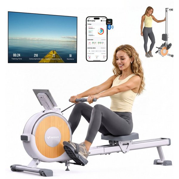 MERACH Rudergerät Magnetisches Bluetooth Rudergeräte mit 16 Widerstandsstufen, 16 Widerstandsstufen, Doppel-Slide-Rails